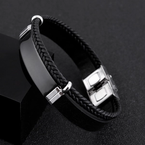 Men's retro black braided leather bracelet with a polished stainless steel clasp