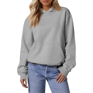 Women oversized grey drop shoulder hoodie with front kangaroo pocket and drawstring hood