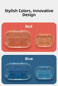 Detail view of large 6-compartment and small 3-compartment red and blue pill storage cases