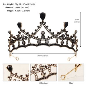 Detail view of black rhinestone crown showing 14cm diameter and 6.5cm height measurements