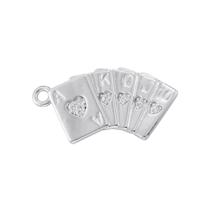 Detail of silver Royal Flush poker pendant with sparkling inlaid heart-shaped zircons
