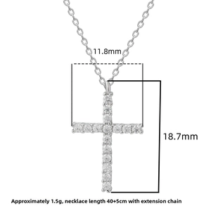 Detail view of S925 silver cross pendant necklace showing 11.8mm width and 18.7mm height