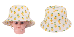 Detail showing baby bucket hat with pineapple print and white chin strap on model and flat