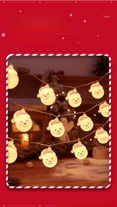Close-up of LED string lights with warm glowing snowman heads for Christmas decoration