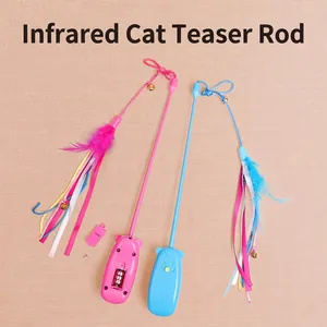 Laser cat toy stick set with feathers and bells in pink and blue cartoon design