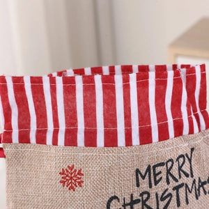Linen and red striped drawstring Christmas gift bag with Merry Christmas text print