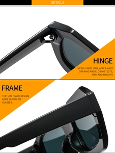 Close-up of durable metal hinge and frame details on black rectangular sunglasses