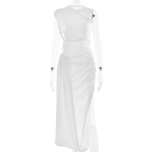Detail of white one-shoulder maxi dress featuring ruched waist and irregular draped hemline