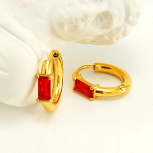 Vintage 18K gold-plated hoop earrings featuring rectangular red zircon crystals