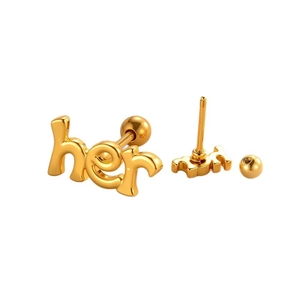 Minimalist gold metal stud earrings featuring her letter design and screw ball backings