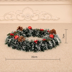 Detailed close-up of 35cm Christmas wreath with red ornaments and pine cones