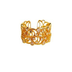 Vintage gold open ring with lace hollow pattern and sparkling droplet zircon stones