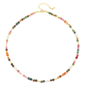 Colorful tourmaline and freshwater pearl handmade beaded necklace with gold lobster clasp