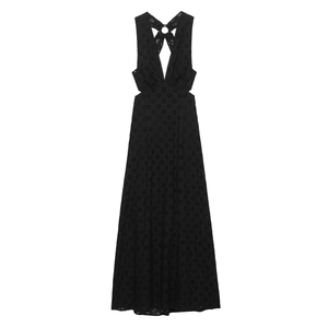 Black maxi dress with V-neck, waist cut-outs and embroidery detailing on white background