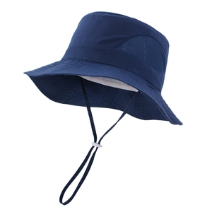 Detail of dark blue sun hat featuring breathable mesh vents and adjustable chin strap cord