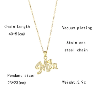 Detail view of Mom pendant with cubic zirconia and dimensions 23x23mm on a gold chain