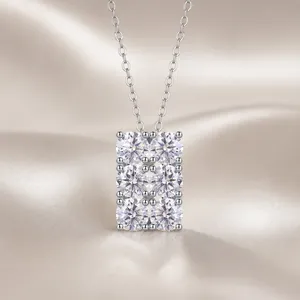 925 Sterling Silver Moissanite Pendant Necklace For Women Geometric Rectangular Inlaid Jewelry With GRA Certificate