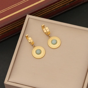 Golden stainless steel hoop earrings with natural light green stone coin pendants