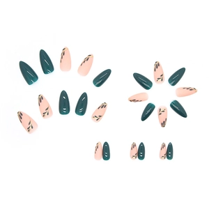 Almond press-on nails with dark green glossy finish and matte leaf pattern details