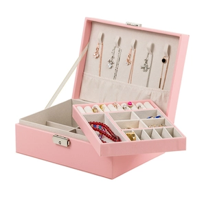 Pink double-layer PU leather jewelry box with multi-functional storage and metal lock