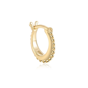 Detail view of gold-plated S925 silver hoop earring with beaded texture edges
