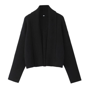 Women's black chunky knit cardigan with lapel open-front design for autumn and winter