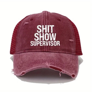 Close-up of distressed brim and SHIT SHOW SUPERVISOR print on burgundy trucker hat