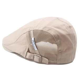 Beige mesh breathable newsboy cap for men with adjustable metal buckle back view