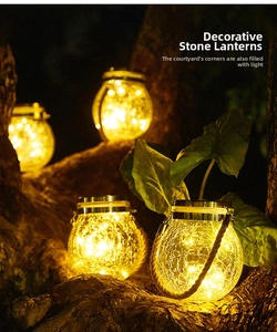 Solar powered crackle glass jar lights with warm LED strings and hemp rope handles