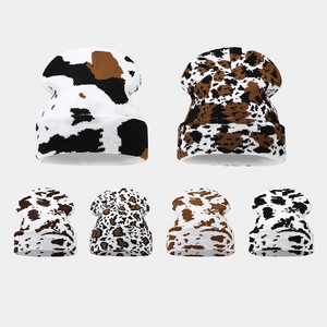 Cow Leopard Print Knitted Beanie Hat Winter Warm Thickened Acrylic Cuffed Skull Cap For Women Men Fashion Animal Pattern