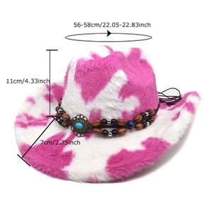 Chapeau de cowboy en fausse fourrure motif vache rose avec perle turquoise et mesures