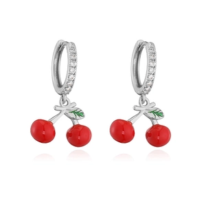 Detailed shot of cherry drop earrings with red enamel fruits and zircon studded hoops