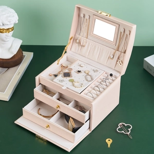 Three-layer light pink jewelry box with drawer storage, mirror and necklace hooks