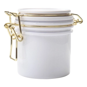 White airtight eyelash extension glue storage jar with gold metal latch sealing tool