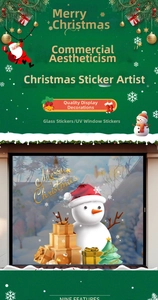 Detailed Christmas window sticker featuring a snowman, gift boxes, and festive tree pattern