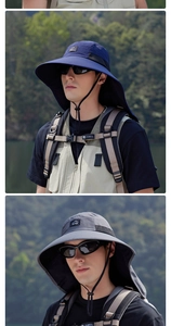 Detail showing outdoor sun hat with wide brim neck flap and breathable mesh panels