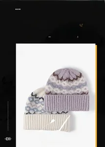 Detailed view of striped jacquard knit patterns and ribbed fold cuffs on warm beanies