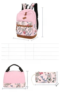 Size chart showing backpack hand bag and pouch dimensions for floral travel set