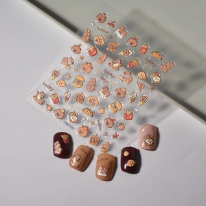 3D embossed nail art stickers with cute cartoon bears and snacks design for manicures