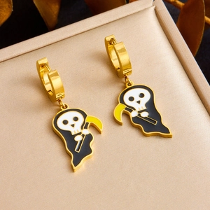 18K gold plated stainless steel ghost earrings with black reaper enamel charms