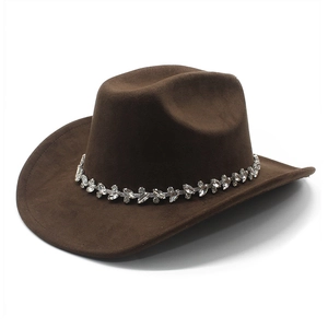 Brown suede western cowboy hat with rhinestone trim and curved brim for men and women