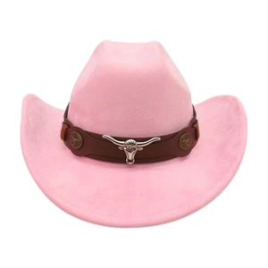 Detailed view of a pink cowboy hat with a brown leather band and silver bull head charm