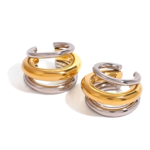 Boucles d'oreilles clip triple couche bicolores or et argent style minimaliste