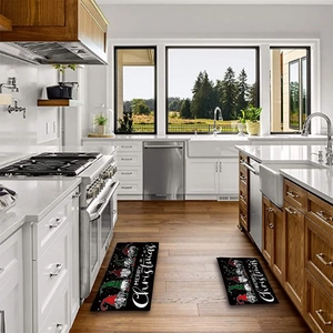 Kitchen scene with two-piece Christmas gnome floor mats on modern wooden flooring