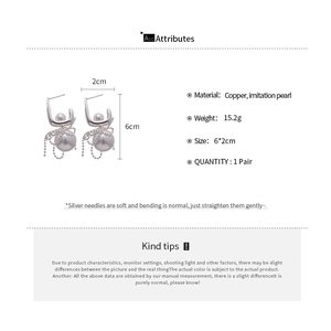 Detailed size chart for bow pearl drop earrings in copper and imitation pearl