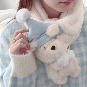 Cute Sleeping Hat Bear Plush Scarf Faux Fur Winter Warm Soft Neck Wrap Kawaii Animal Design For Women Girls