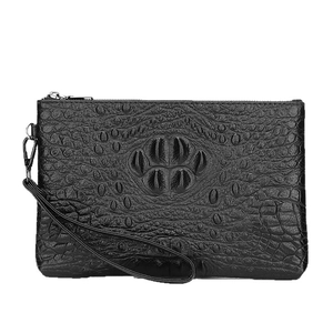 Men's black crocodile texture PU leather clutch bag with wrist strap and top zipper