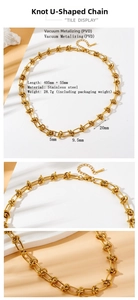 Detail of gold PVD plated stainless steel U-shape necklace with knot design and dimensions