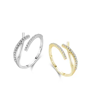 Adjustable S925 sterling silver open rings in gold and silver with micro-pave zirconia