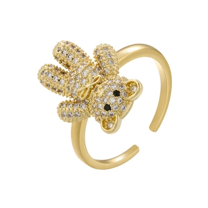 Golden open ring with 3D teddy bear charm fully paved in sparkling clear crystals